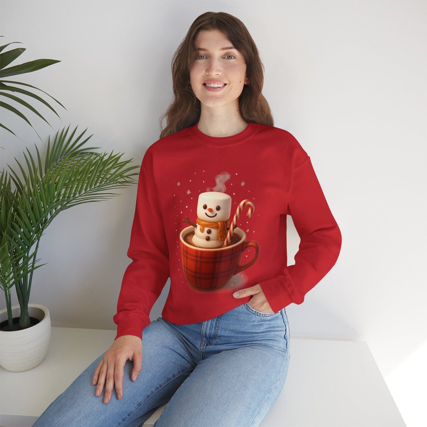 Cute Marshmallow Snowman in Plaid Mug Holiday Crewneck
