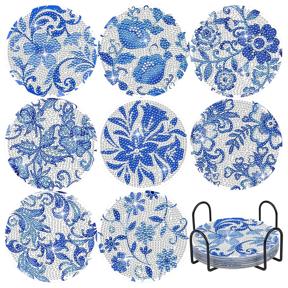 5DDpaints.com arts and crafts kit 7 8pcs Blue Floral Diamond Painting Coaster With Holder