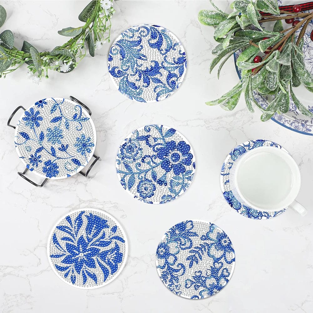 5DDpaints.com arts and crafts kit 8pcs Blue Floral Diamond Painting Coaster With Holder
