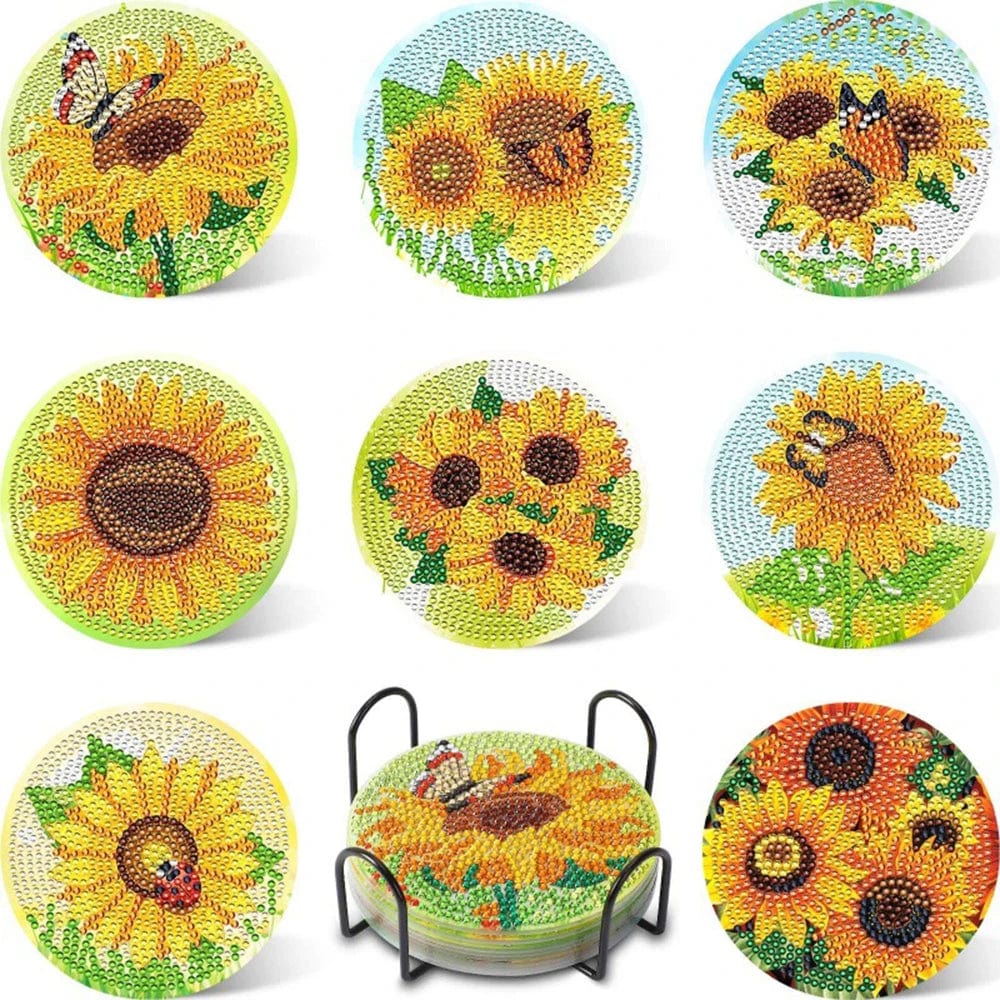 5DDpaints.com arts and crafts kit 25 8pcs Blue Floral Diamond Painting Coaster With Holder