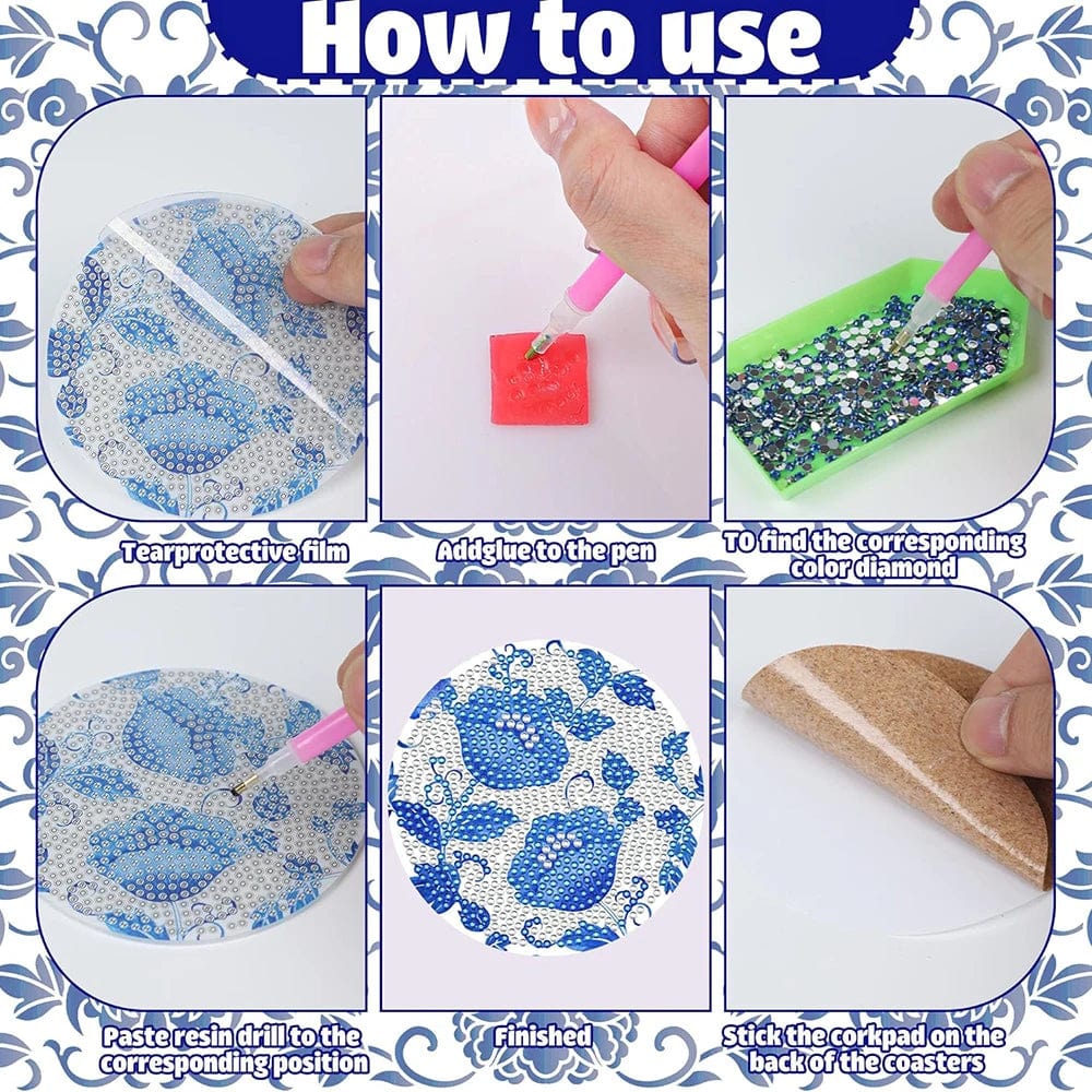 5DDpaints.com arts and crafts kit 8pcs Blue Floral Diamond Painting Coaster With Holder