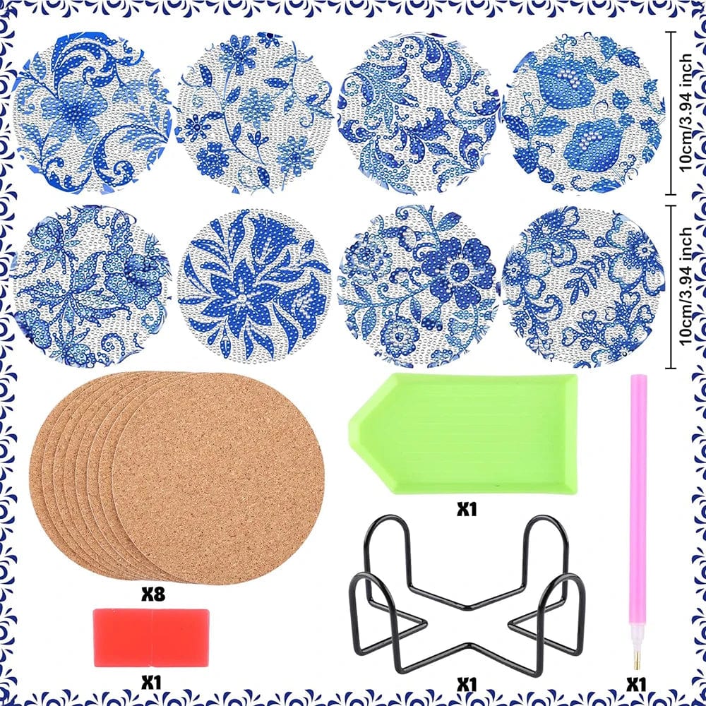 5DDpaints.com arts and crafts kit 8pcs Blue Floral Diamond Painting Coaster With Holder
