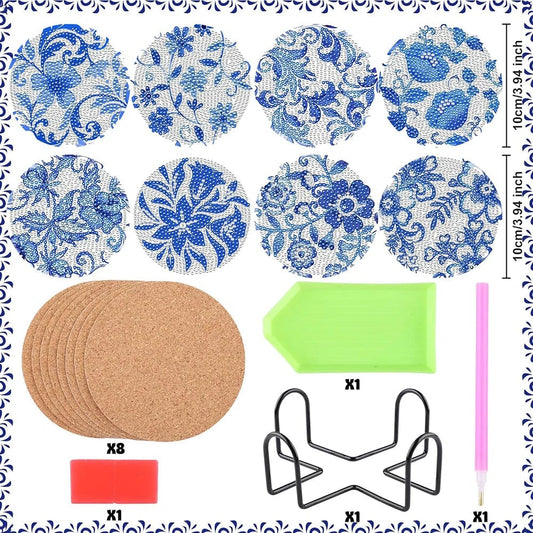 5DDpaints.com arts and crafts kit 8pcs Blue Floral Diamond Painting Coaster With Holder