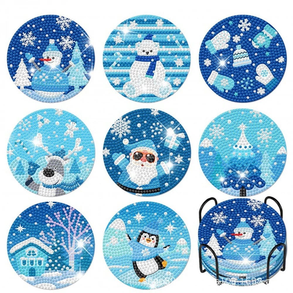 5DDpaints.com arts and crafts kit 64 8pcs Blue Floral Diamond Painting Coaster With Holder