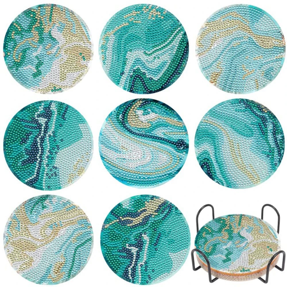 5DDpaints.com arts and crafts kit 19 8pcs Blue Floral Diamond Painting Coaster With Holder