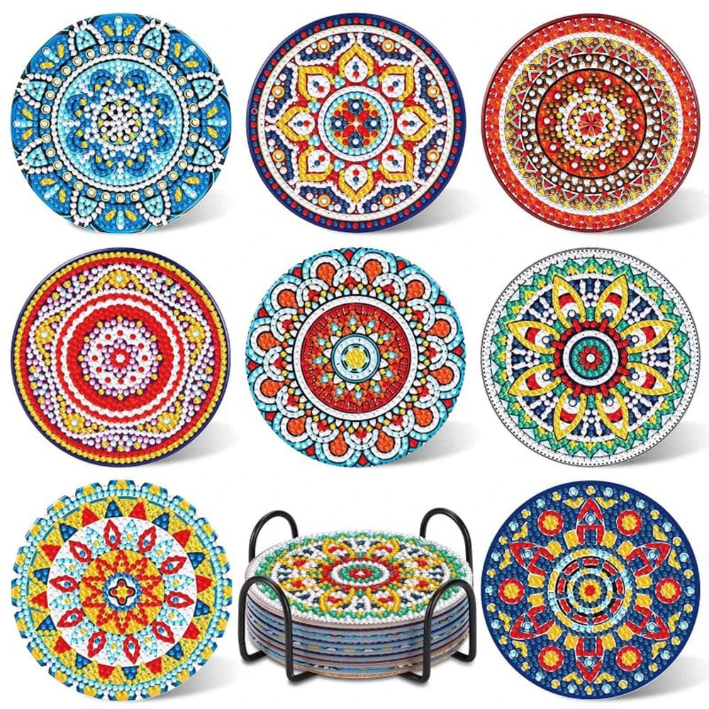 5DDpaints.com arts and crafts kit 20 8pcs Blue Floral Diamond Painting Coaster With Holder