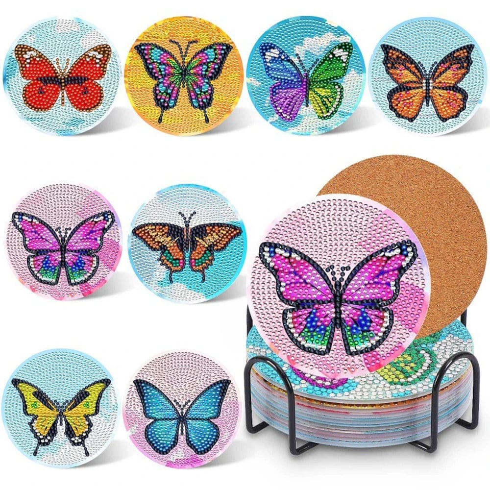 5DDpaints.com arts and crafts kit 26 8pcs Blue Floral Diamond Painting Coaster With Holder