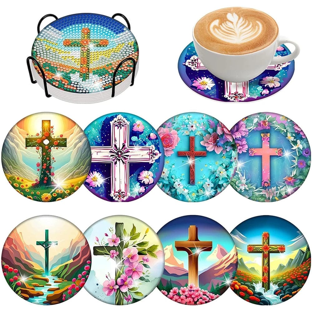5DDpaints.com arts and crafts kit 8 8pcs Blue Floral Diamond Painting Coaster With Holder