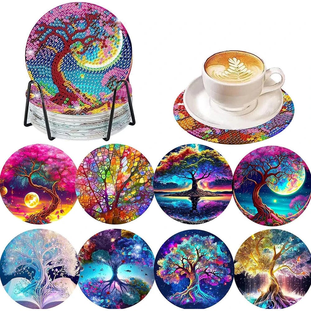 5DDpaints.com arts and crafts kit 6 8pcs Blue Floral Diamond Painting Coaster With Holder