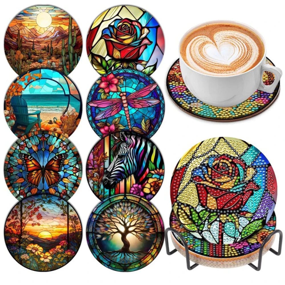5DDpaints.com arts and crafts kit 15 8pcs Blue Floral Diamond Painting Coaster With Holder