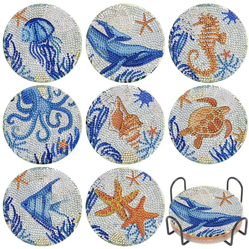 5DDpaints.com arts and crafts kit 13 8pcs Blue Floral Diamond Painting Coaster With Holder