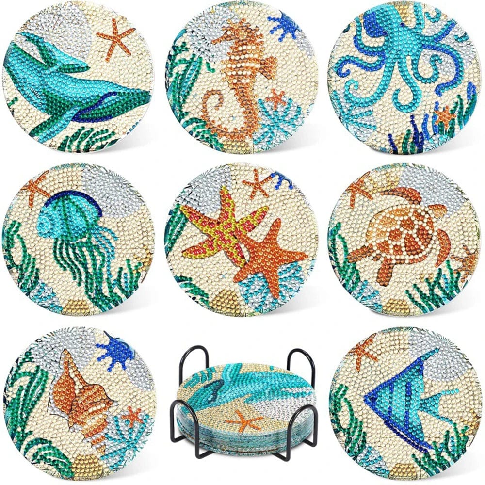 5DDpaints.com arts and crafts kit 12 8pcs Blue Floral Diamond Painting Coaster With Holder