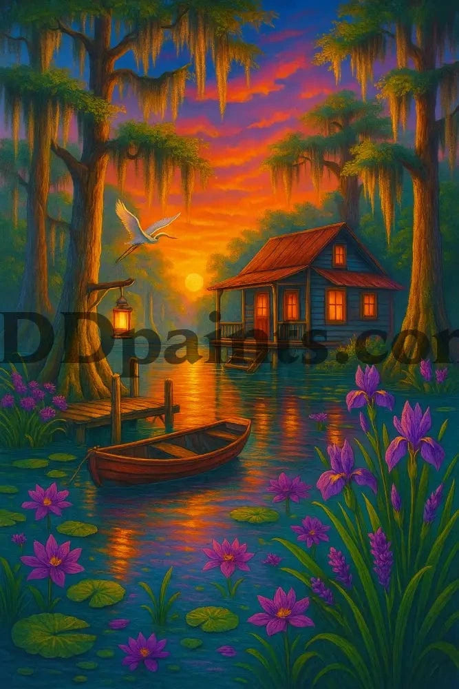 5DDPaints.com arts and crafts kit Bayou Twilight Retreat Diamond Painting Kit