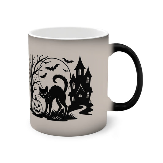 Printify Mug 11oz / Black / Glossy Black Cat Under the Halloween Moon – Color-Changing Mug (11oz)