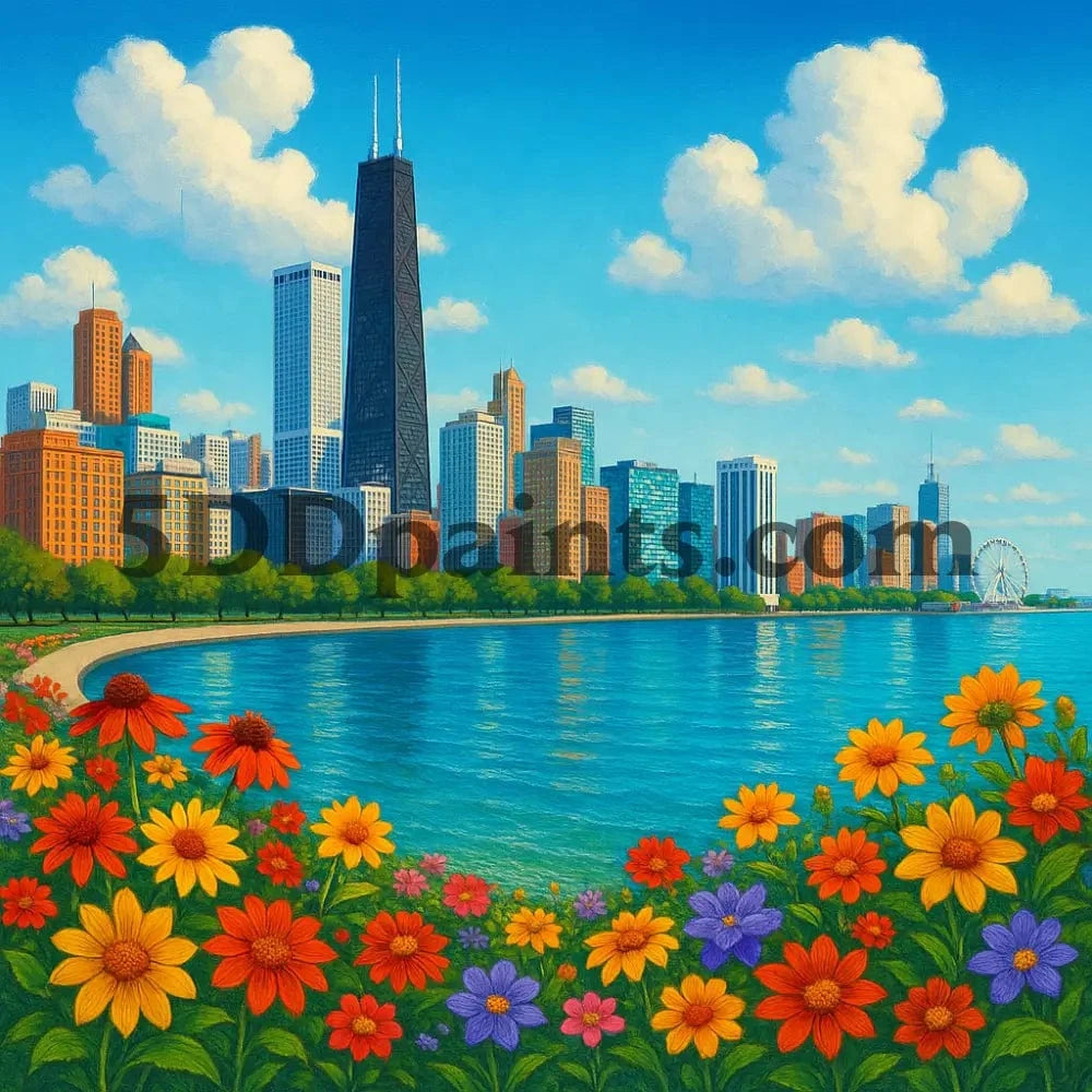 5DDPaints.com arts and crafts kit Blooming Chicago Skyline Diamond Painting Kit