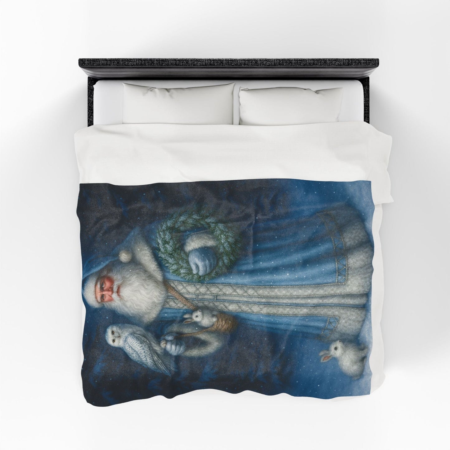 Printify All Over Prints 60" × 80" Blue Santa Velveteen Plush Blanket – Enchanted Winter Woodland Throw (60x80)