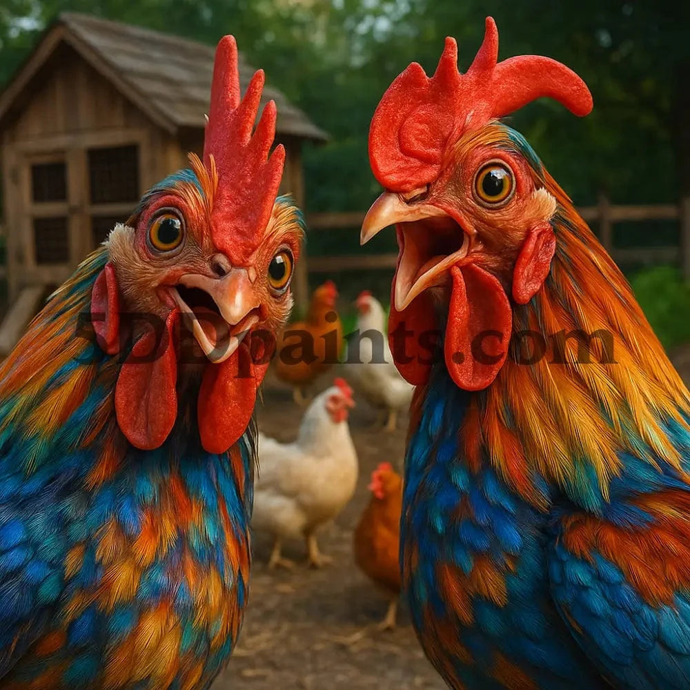 5DDPaints.com arts and crafts kit Chatterbox Roosters at Sunrise Diamond Painting Kit