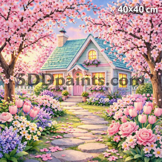 5DDPaints.com Arts & Crafts Cherry Blossom Cottage Garden Diamond Painting Kit 40x40cm