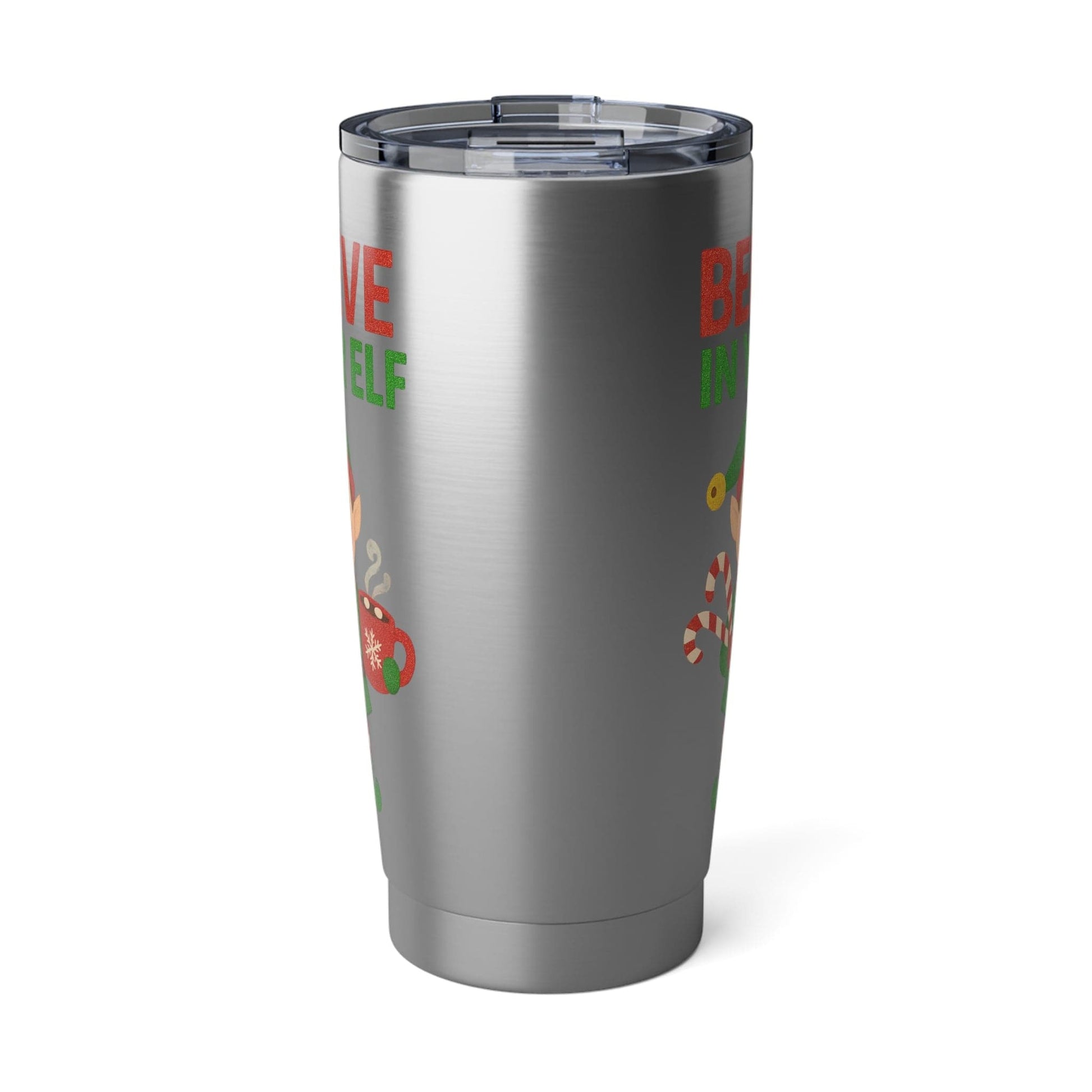 Printify Mug 20oz / Silver Christmas Spirit Tumbler - Believe in Your Elf, Holiday Travel Mug