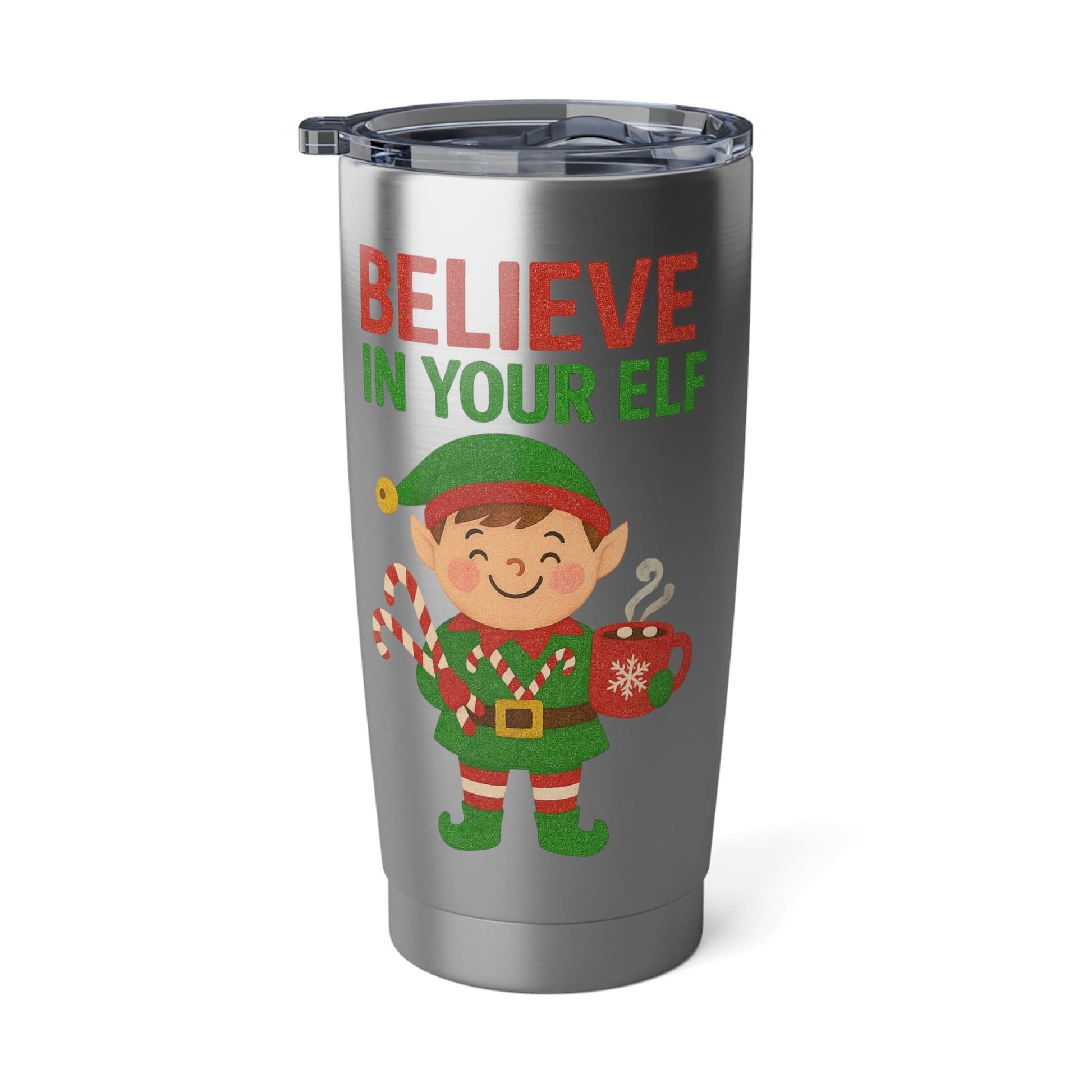 Printify Mug 20oz / Silver Christmas Spirit Tumbler - Believe in Your Elf, Holiday Travel Mug