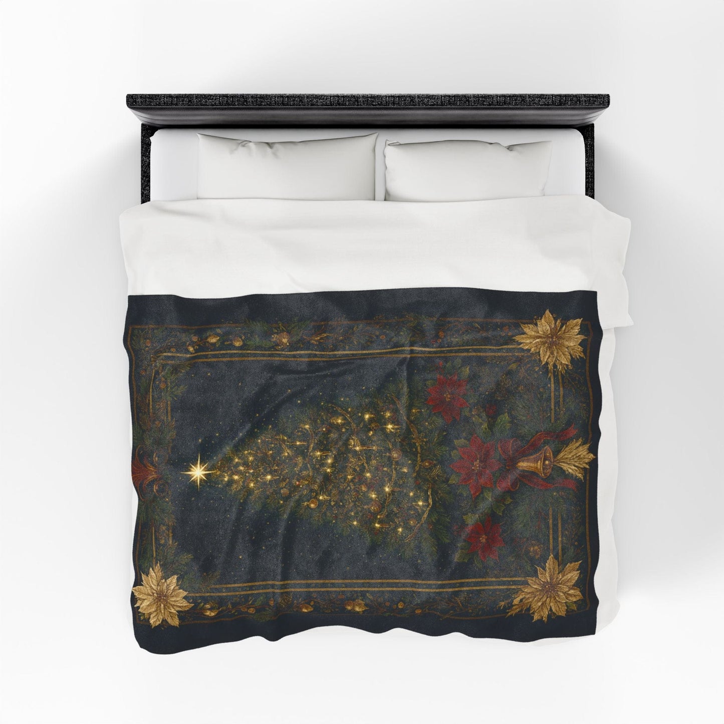 Printify All Over Prints Christmas Tree Velveteen Plush Blanket – Vintage Holiday Poinsettia & Golden Bells Throw