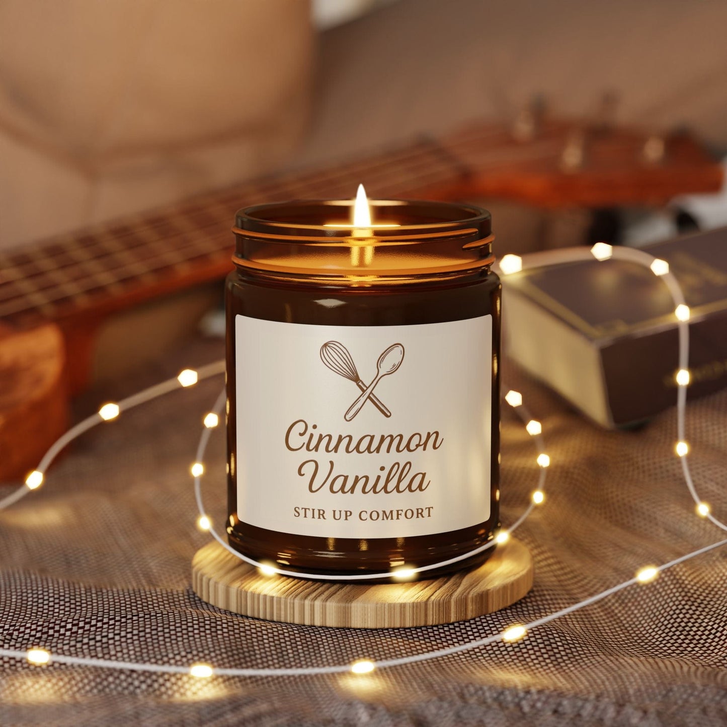 Printify Home Decor Cinnamon Vanilla Scented Soy Candle - Stir Up Comfort, Multi-Size Amber Jar