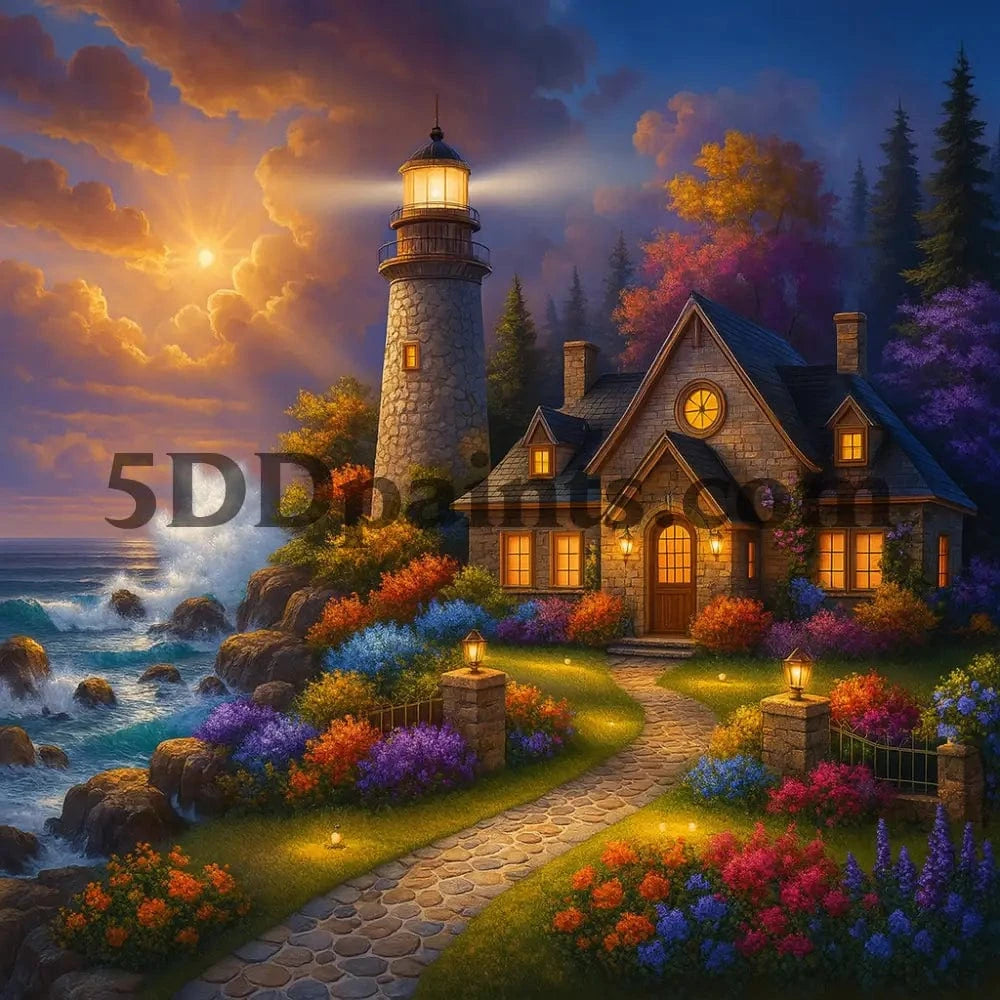 5DDPaints.com arts and crafts kit Coastal Lighthouse Cottage Diamond Painting Kit