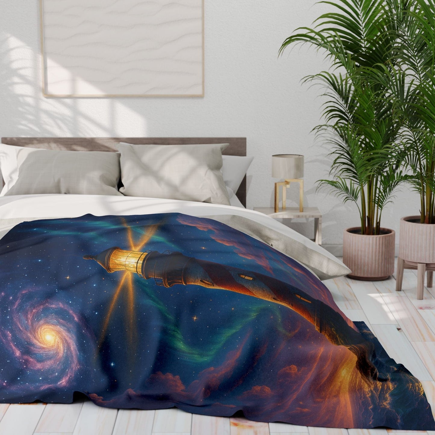 Printify Home Decor Cosmic Lighthouse Fleece Blanket - Cozy Arctic Blanket for Stargazers