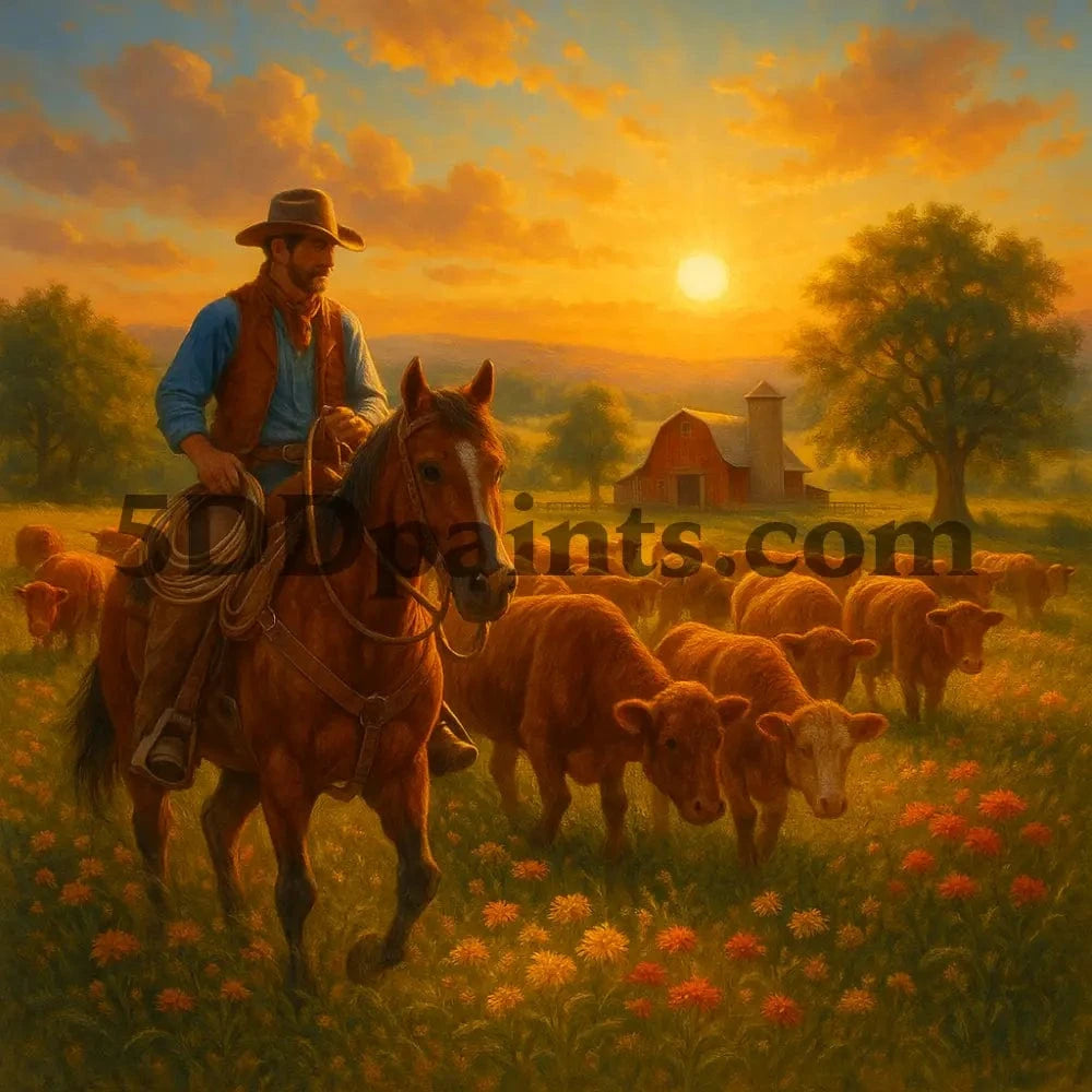 5DDPaints.com arts and crafts kit Cowboy at Sunset Diamond Painting