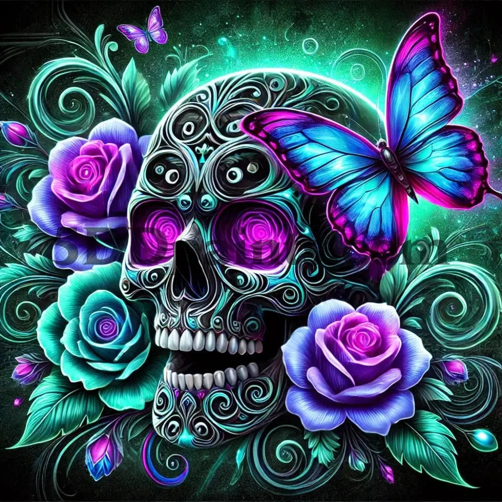 5DDPaints.com arts and crafts kit Eternal Elegance – Sugar Skull & Butterfly Diamond Painting Kit