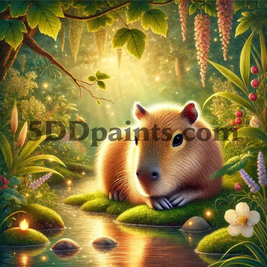 5DDPaints.com arts and crafts kit Forest Whimsy – Capybara by the Stream Diamond Painting Kit