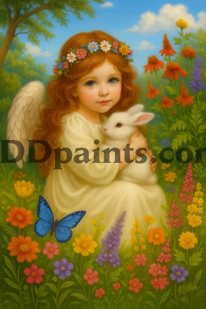 5DDPaints.com arts and crafts kit Garden Angel with Bunny Diamond Painting Kit