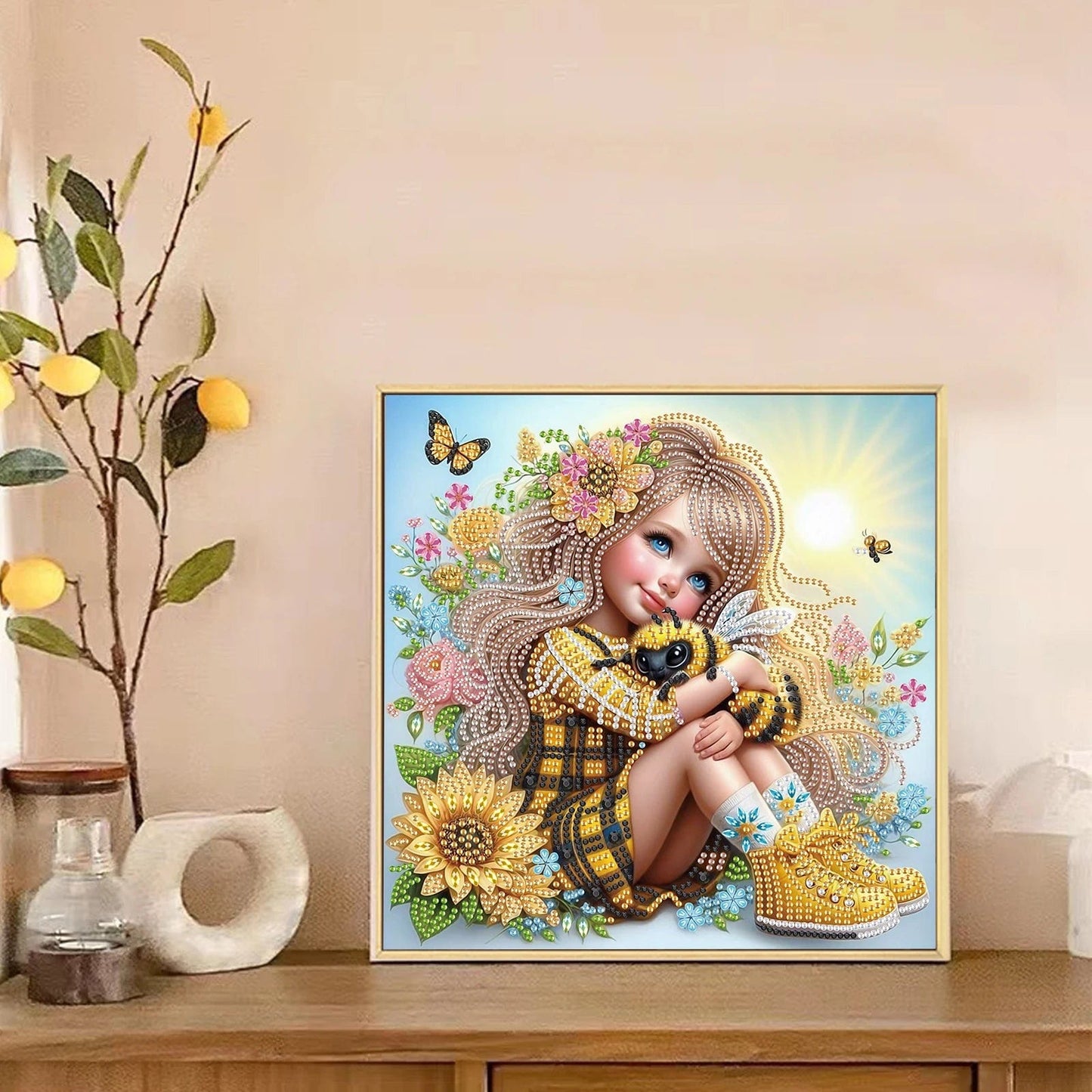 5DDpaints.com arts and crafts kit 30*30cm Girl and bee Flower Diamond Kit - Beginners - Partial Drill