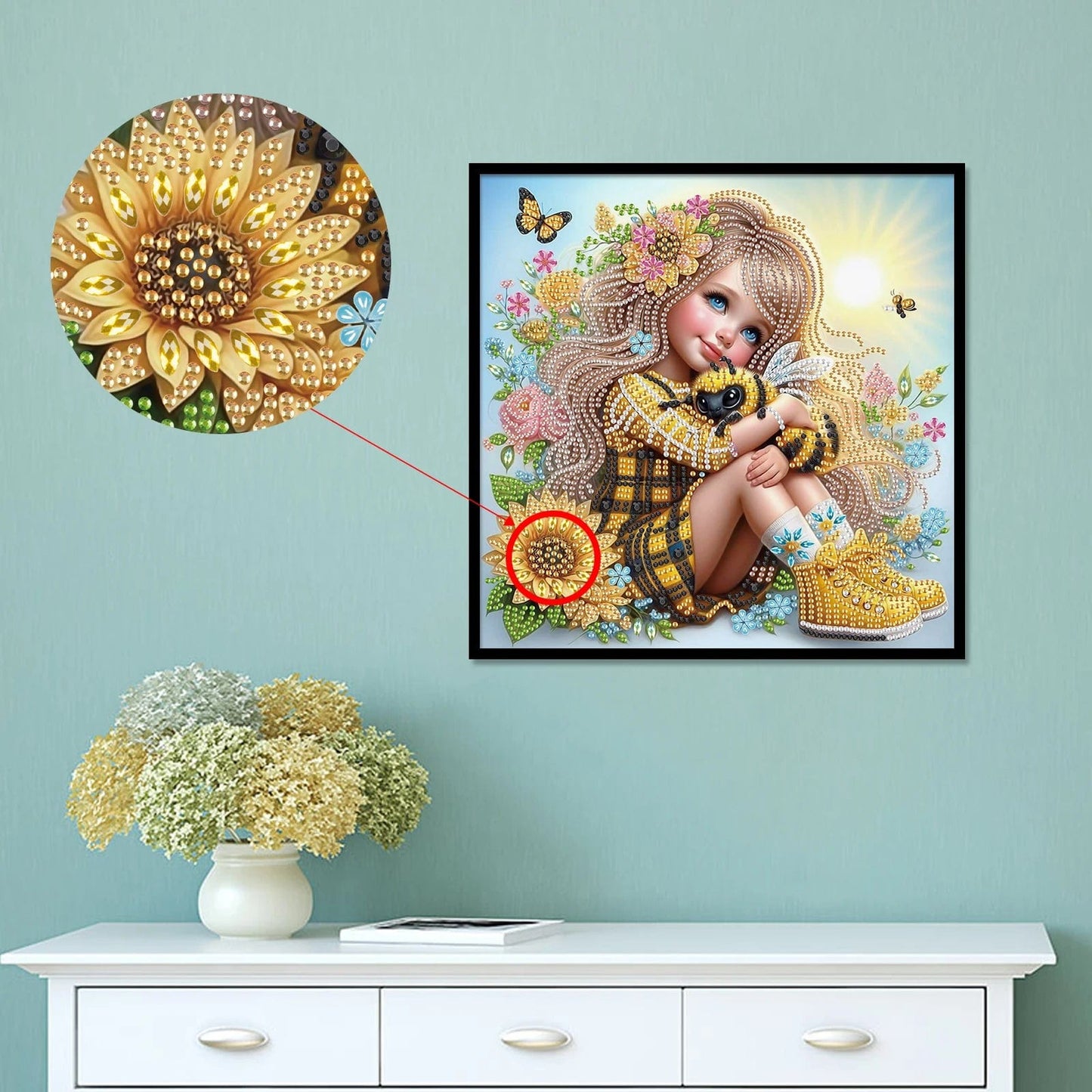 5DDpaints.com arts and crafts kit 30*30cm Girl and bee Flower Diamond Kit - Beginners - Partial Drill