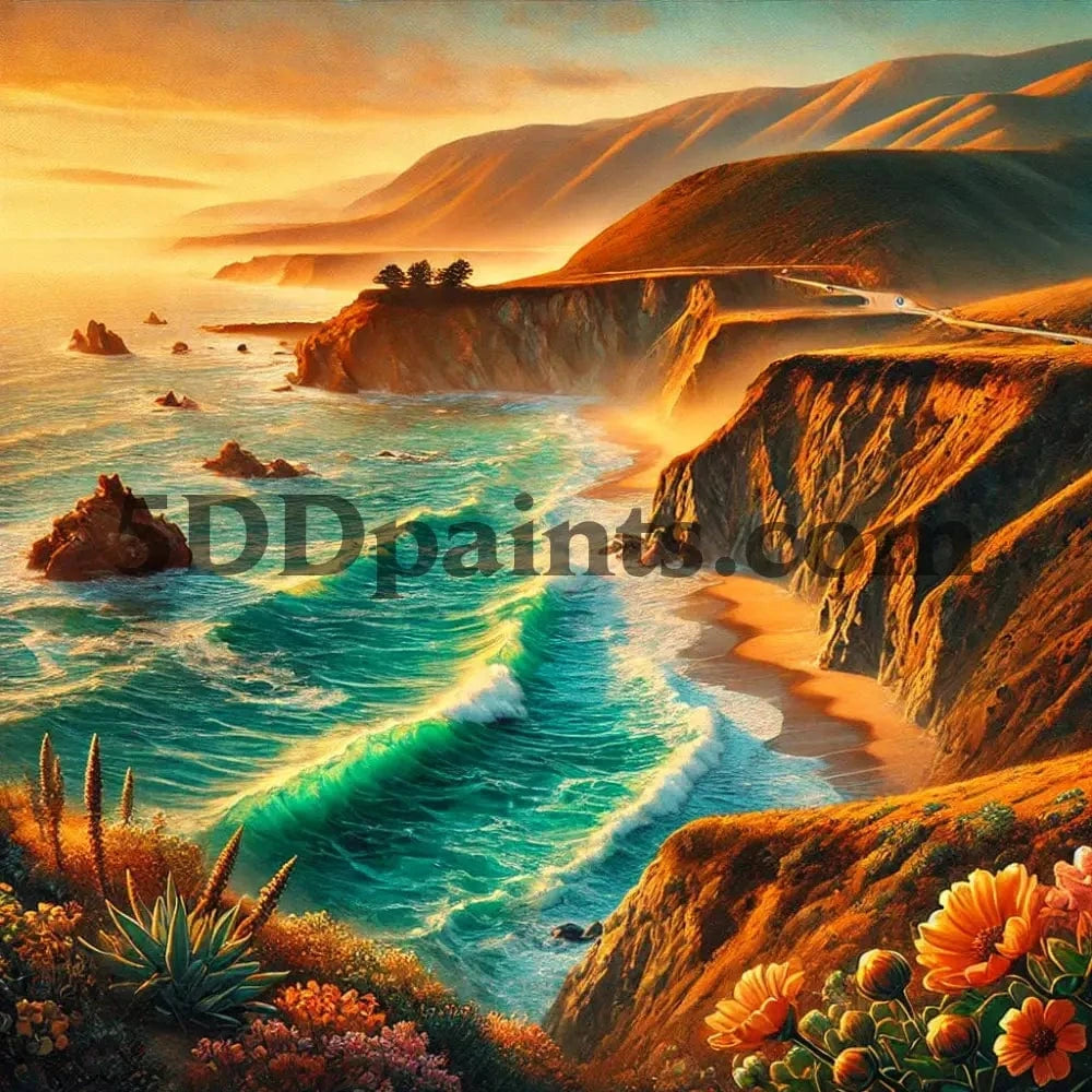 5DDPaints.com arts and crafts kit Golden Coastline – Sunset Cliffs Diamond Painting Kit