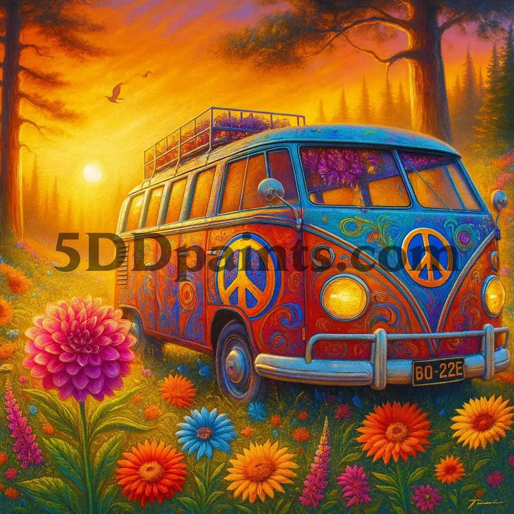 5DDPaints.com arts and crafts kit Groovy Peace Van Diamond Painting Kit