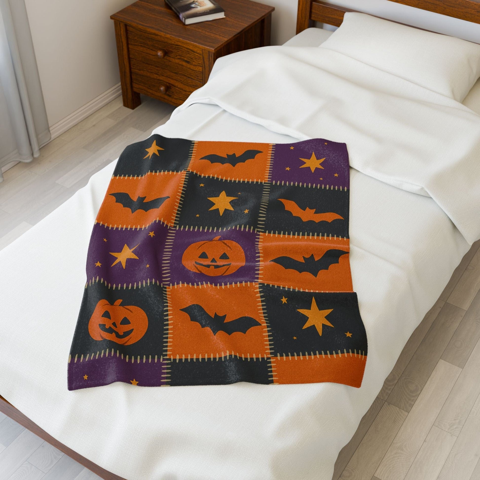 Printify All Over Prints Halloween Patchwork Velveteen Plush Blanket – Cozy Spooky Nights