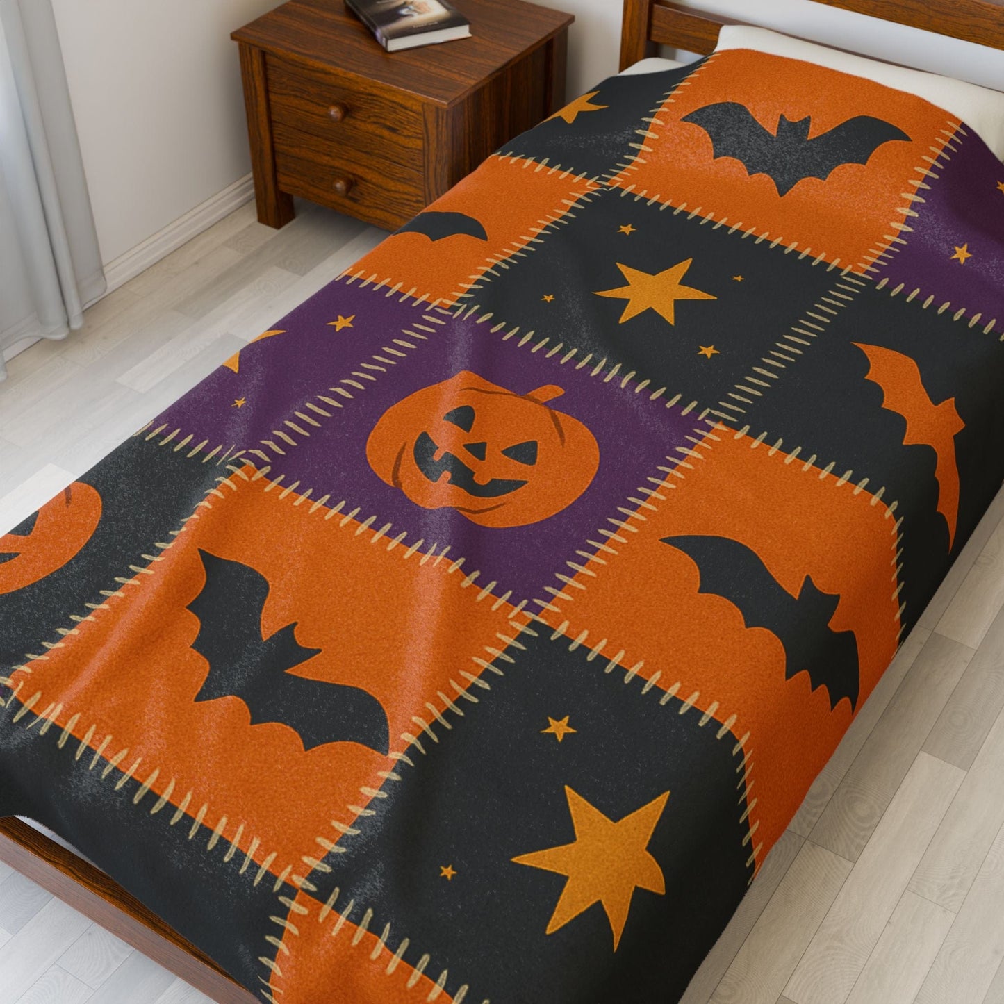 Printify All Over Prints Halloween Patchwork Velveteen Plush Blanket – Cozy Spooky Nights