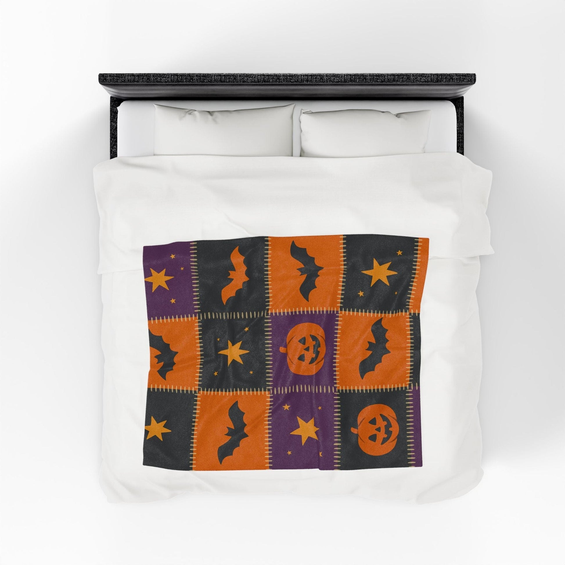 Printify All Over Prints Halloween Patchwork Velveteen Plush Blanket – Cozy Spooky Nights