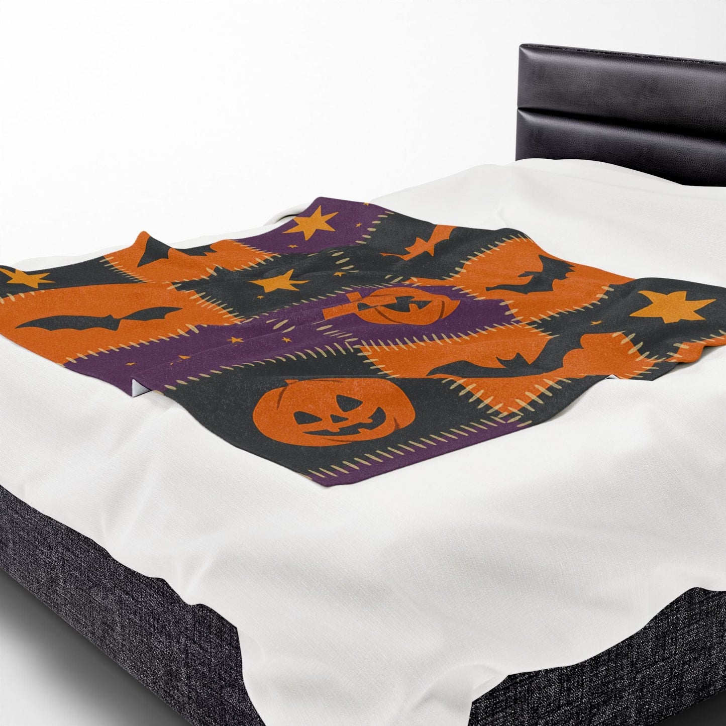 Printify All Over Prints Halloween Patchwork Velveteen Plush Blanket – Cozy Spooky Nights