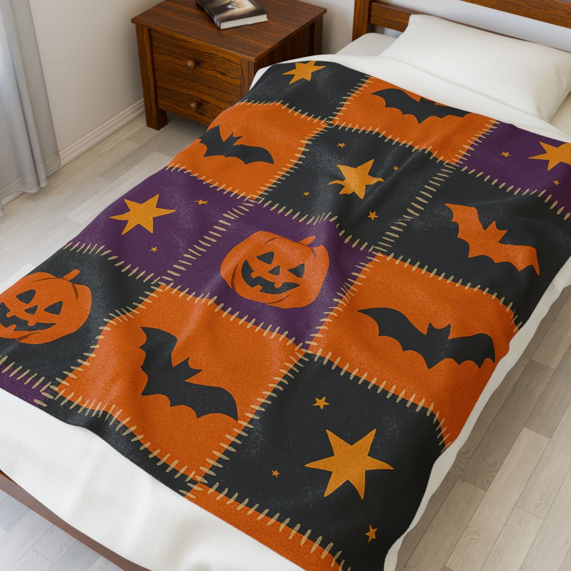 Printify All Over Prints Halloween Patchwork Velveteen Plush Blanket – Cozy Spooky Nights