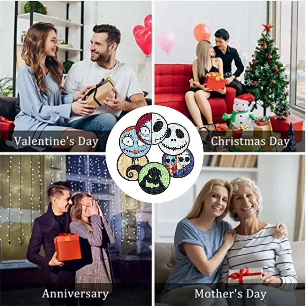 5DDpaints.com arts and crafts kit 6-pcs-jack / 10x10cm Halloween Skull Jack 6 Pieces DIY Crystal Glitter Diamond Painted Wooden Art Coaster with Stand