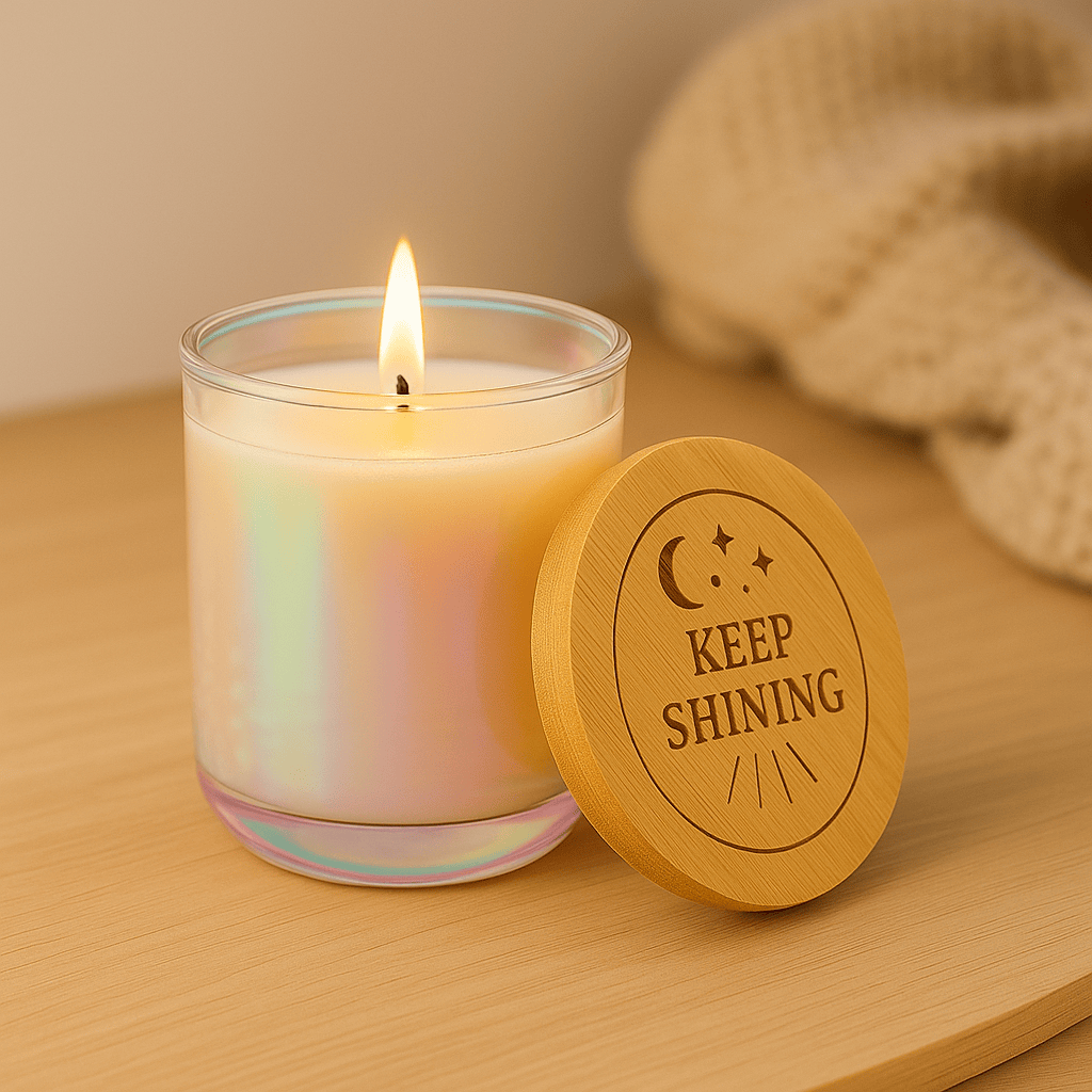 Printify Home Decor Opal Iris / Sea Salt + Orchid / 14oz Keep Shining 14oz Engraved Soy Candle — Scented Inspirational Gift