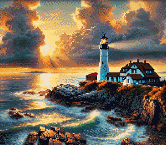 5DDPaints.com arts and crafts kit Liberty Lighthouse at Sunrise Diamond Painting Kit