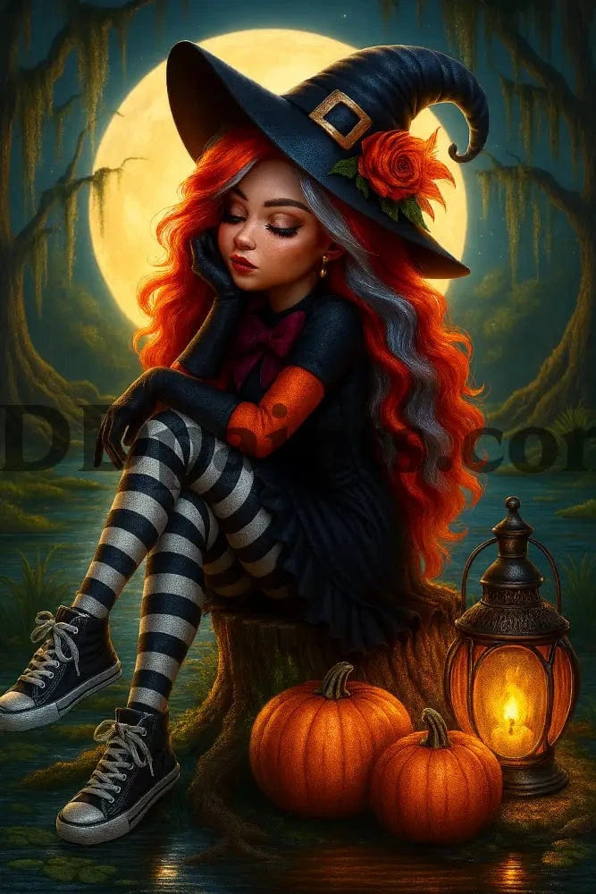 5DDPaints.com arts and crafts kit Moonlit Pumpkin Witch Diamond Painting Kit