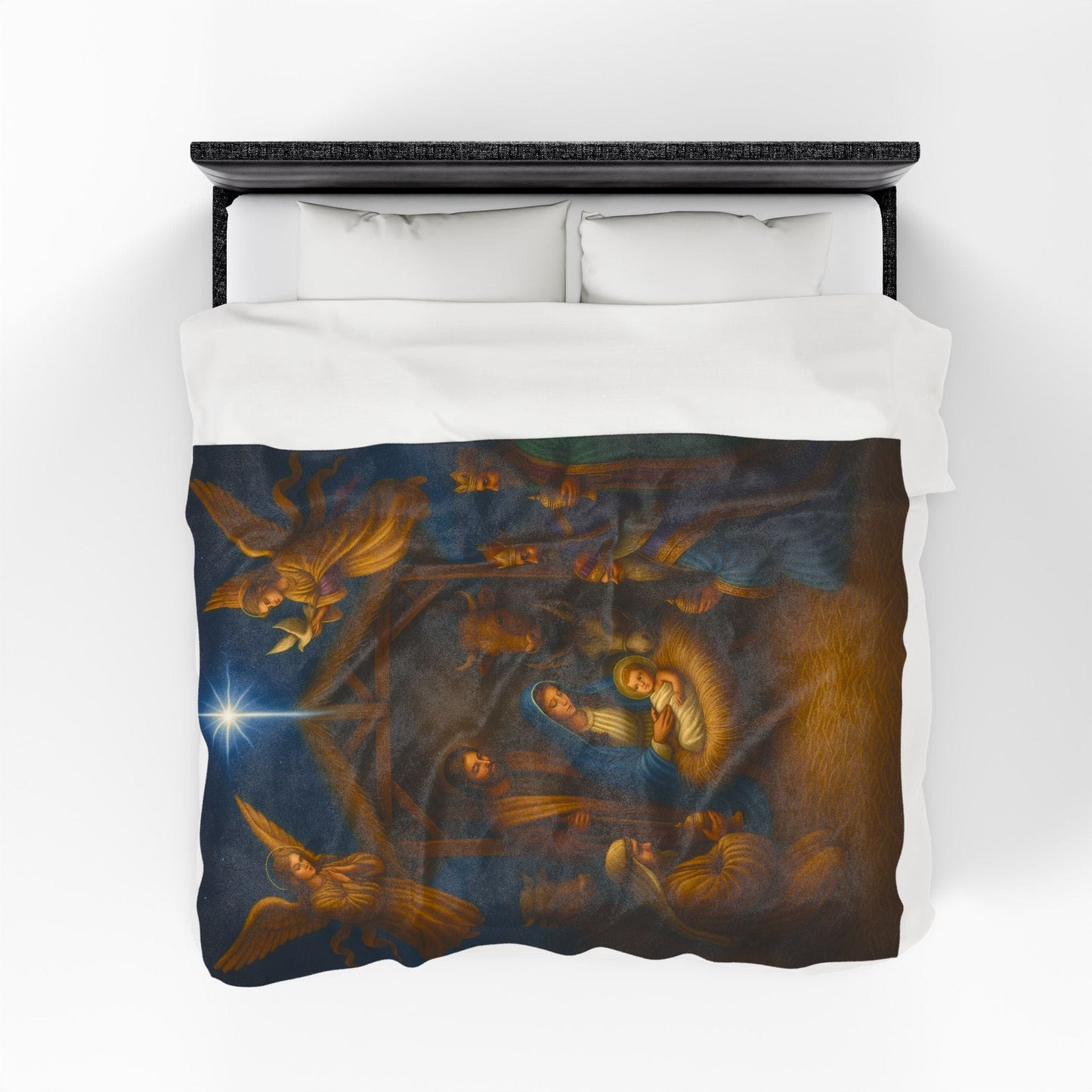 Printify All Over Prints Nativity Scene Velveteen Plush Blanket – Christmas Manger Baby Jesus Design