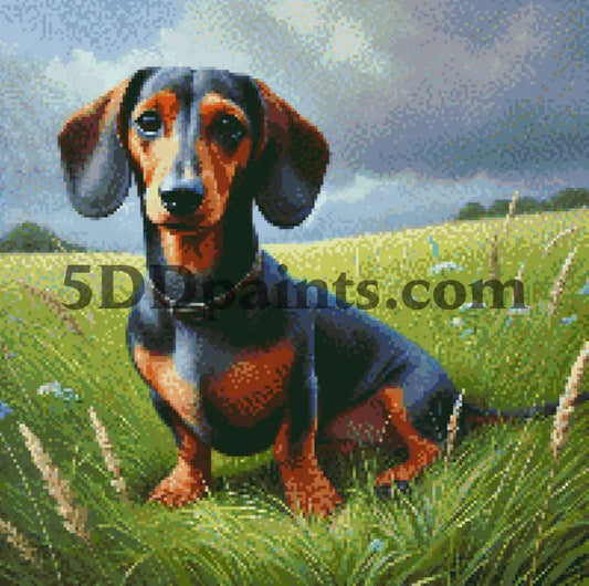 5DDPaints.com arts and crafts kit Playful Dachshund in Field Diamond Painting Kit