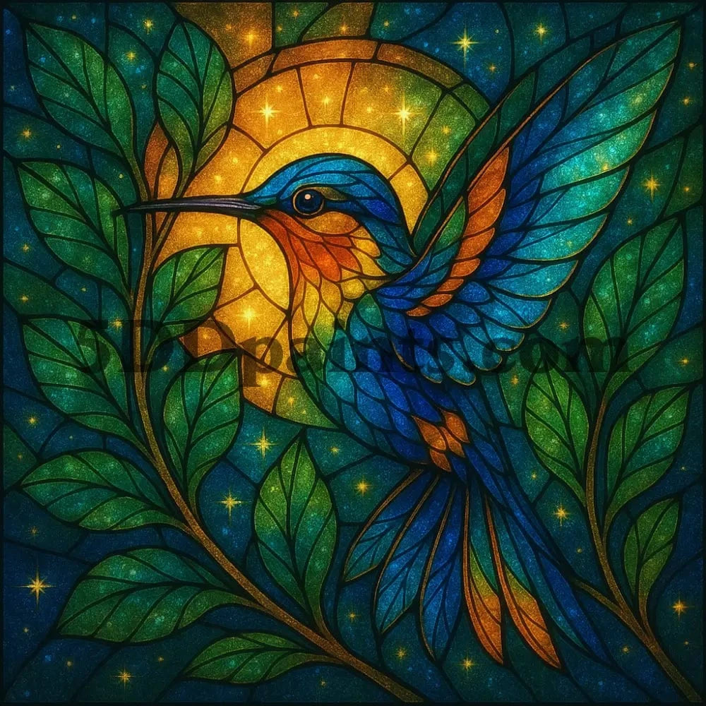 5DDPaints.com arts and crafts kit Radiant Hummingbird Stained Glass Diamond Painting Kit
