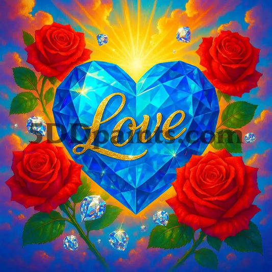 5DDPaints.com arts and crafts kit Radiant Love: Blue Heart & Roses Diamond Painting Kit