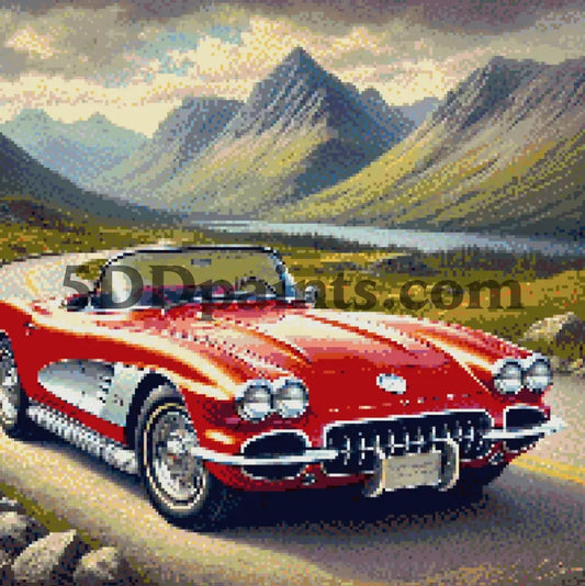 5DDPaints.com arts and crafts kit Red Corvette on a Scenic Highway Diamond Painting